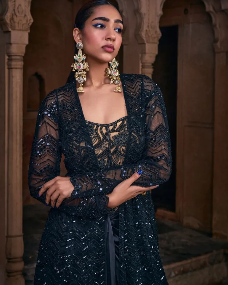 Elsa Black Embroidered Long Jacket Set