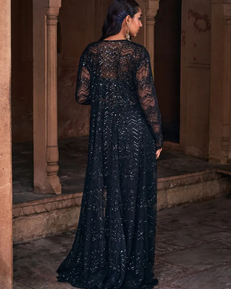 Elsa Black Embroidered Long Jacket Set