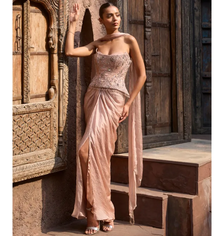 Ember Rose Corset and Drape Skirt Set with Dupatta