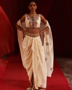 Embroidered Ivory Cape & Drape Skirt Set