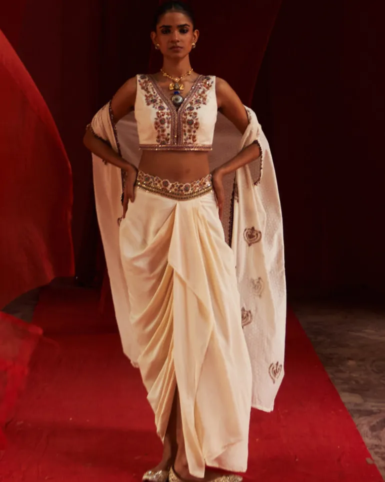 Embroidered Ivory Cape & Drape Skirt Set