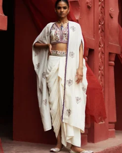 Embroidered Ivory Cape & Drape Skirt Set