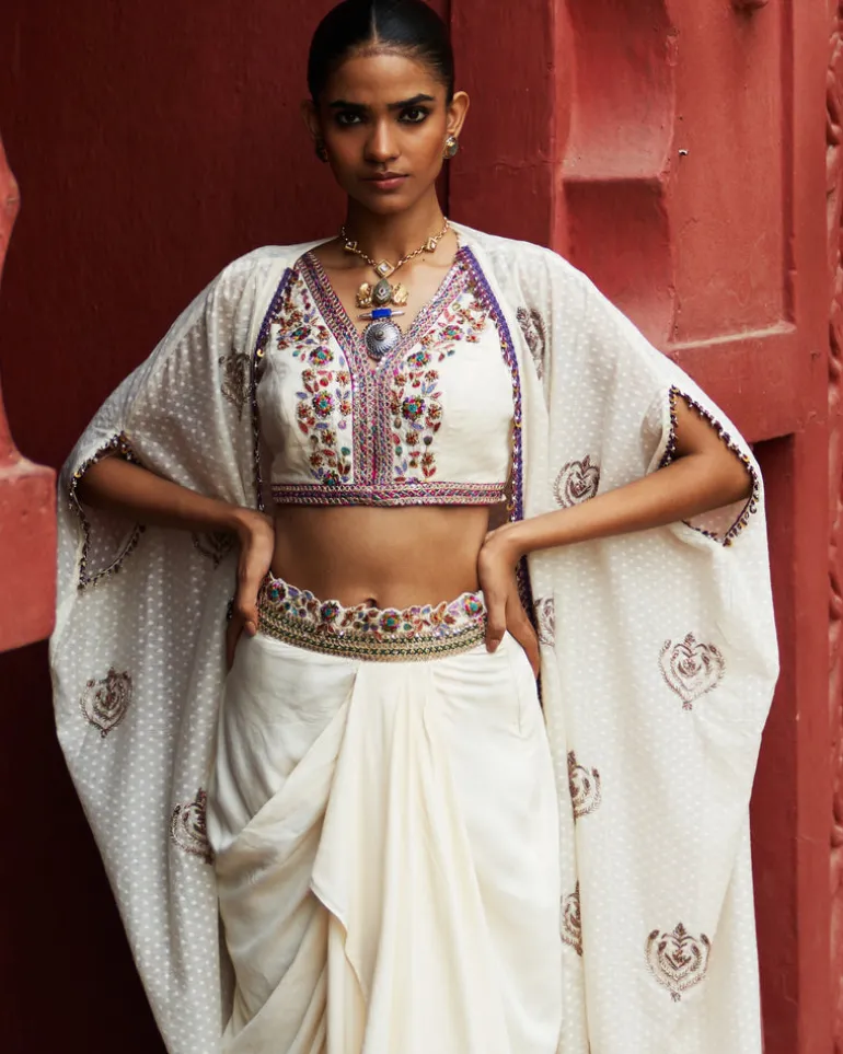Embroidered Ivory Cape & Drape Skirt Set