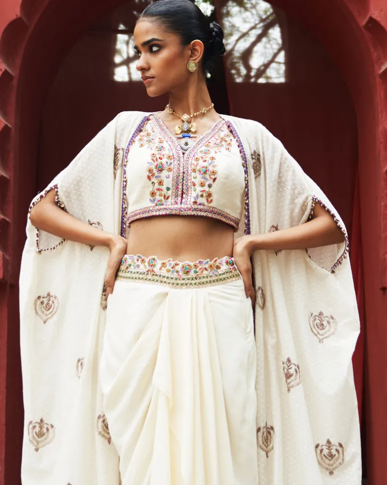 Embroidered Ivory Cape & Drape Skirt Set