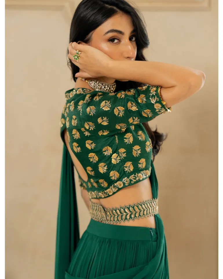 Emerald Green Antique Tone Sari Set
