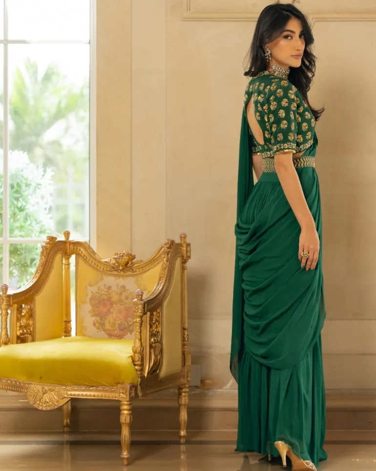 Emerald Green Antique Tone Sari Set