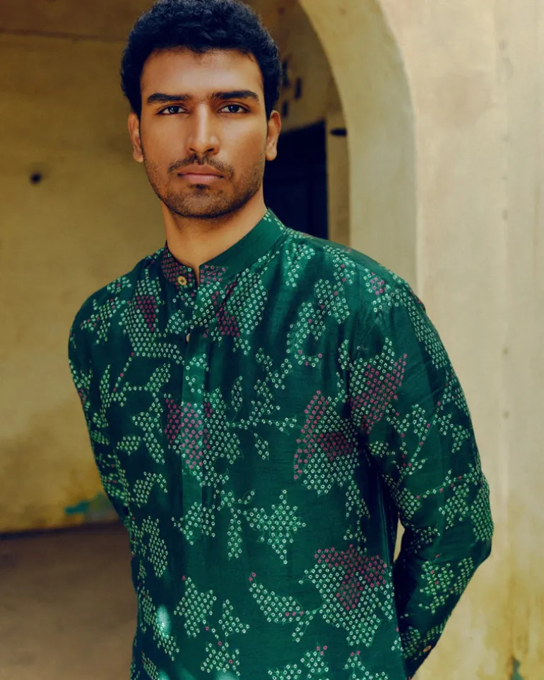 Emerald Green Bandhej Printed Kurta Set