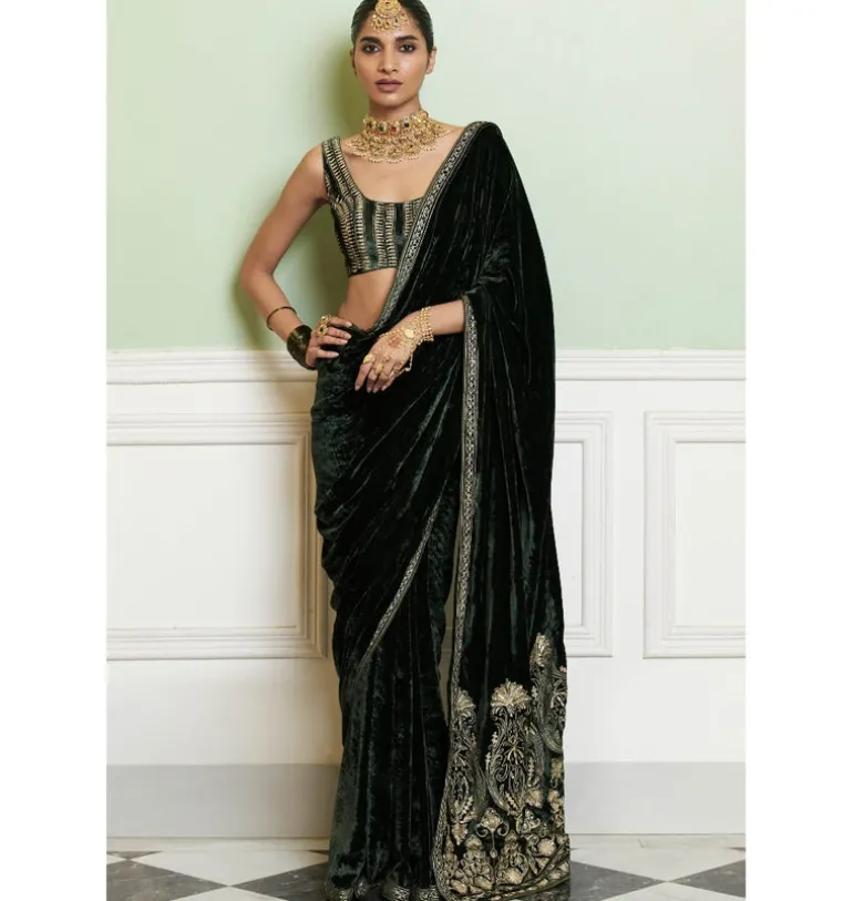 Emerald Green Embroidered Velvet Saree Set
