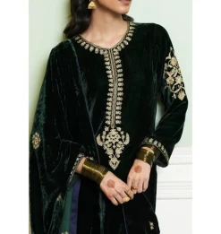 Emerald Green Embroidered Velvet Kurta Set
