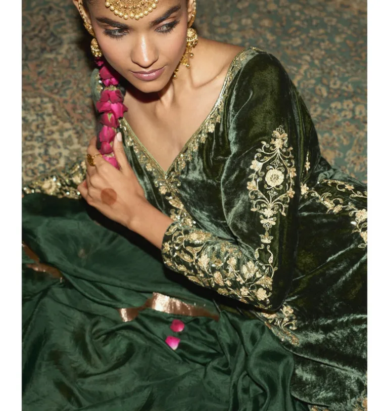 Emerald Green Embroidered Velvet Gharara Set