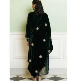 Emerald Green Embroidered Velvet Kurta Set