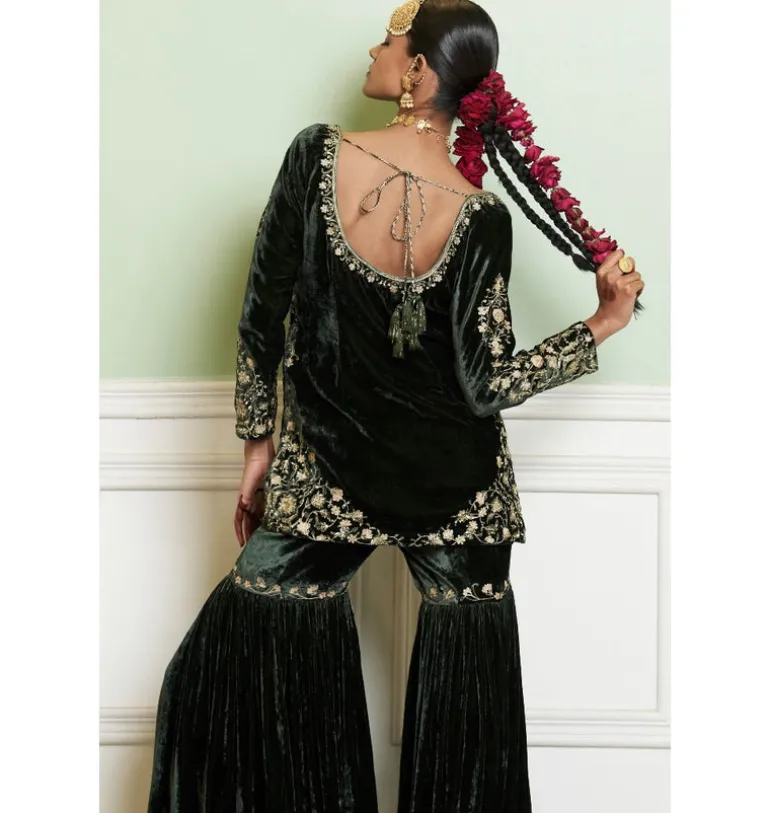 Emerald Green Embroidered Velvet Gharara Set