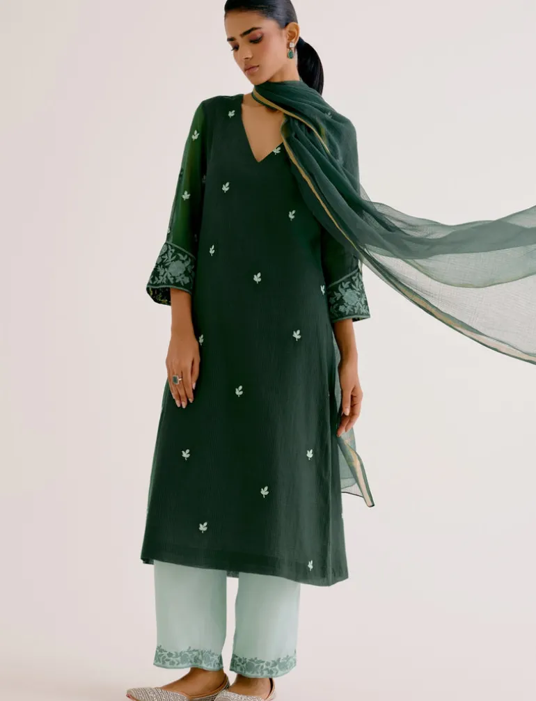 Emerald Green Kota Dori Embroidered Kurta Set