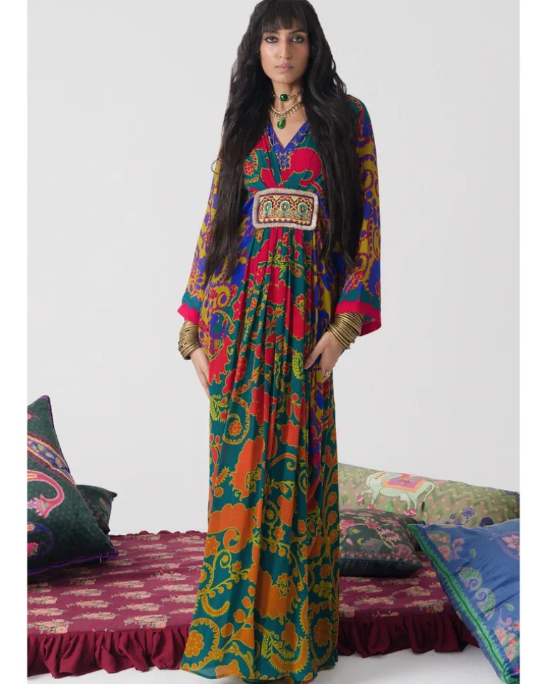 Emerald Orange Royal Paisley Belt Kaftan
