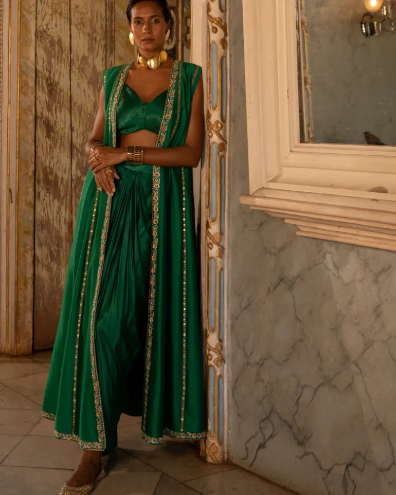 Emerald Satin Draped Skirt Set