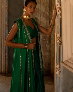 Emerald Satin Draped Skirt Set
