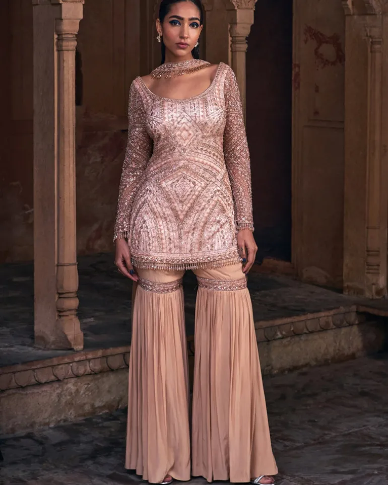 Endote Champagne Gold Embroidered Gharara Set