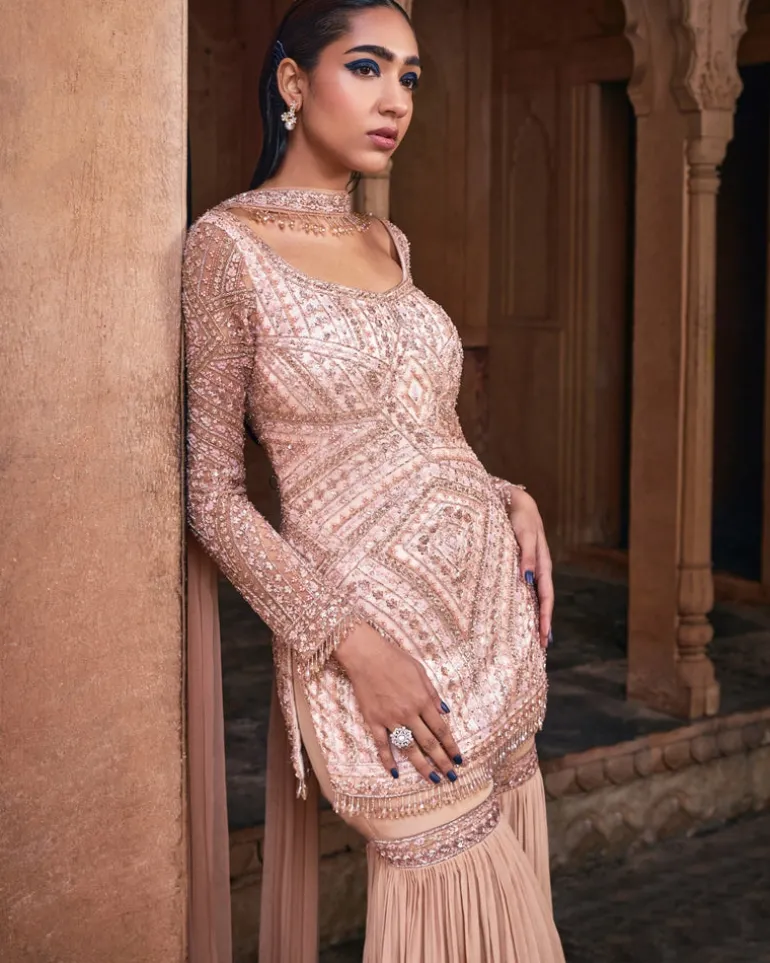 Endote Champagne Gold Embroidered Gharara Set