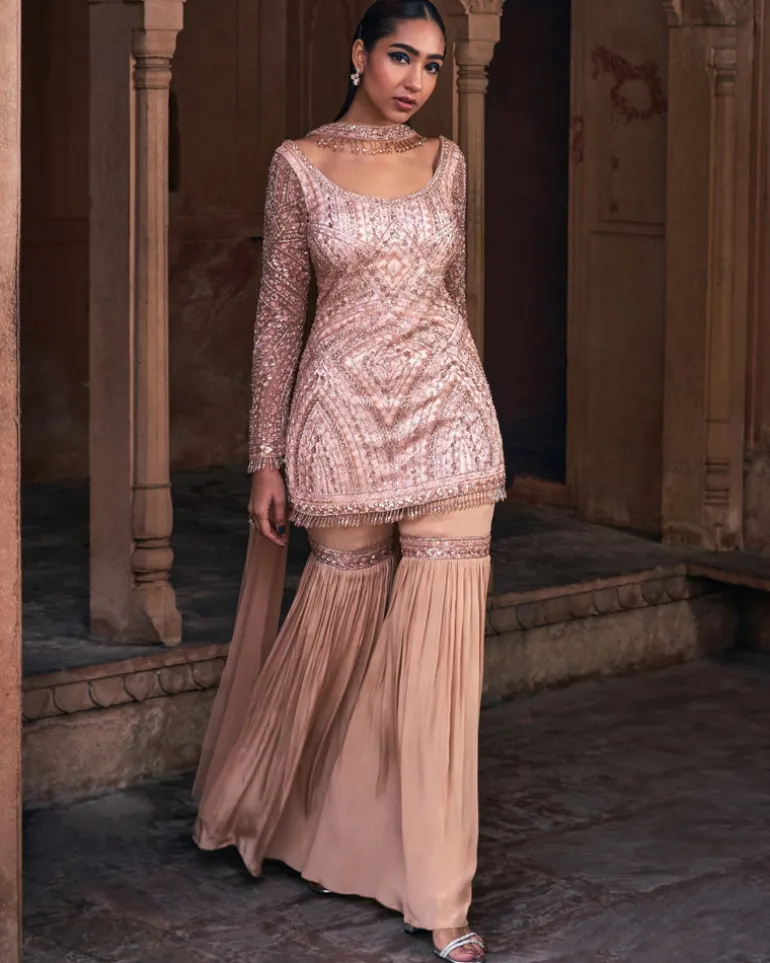 Endote Champagne Gold Embroidered Gharara Set