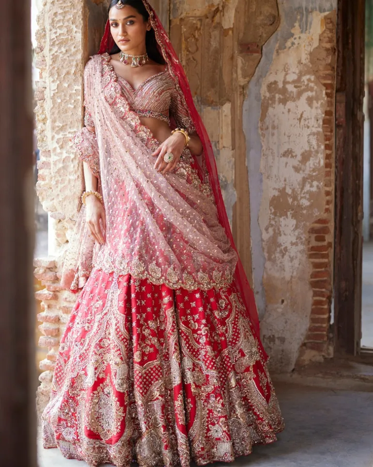 Eris Red Raw Silk Bridal Lehenga