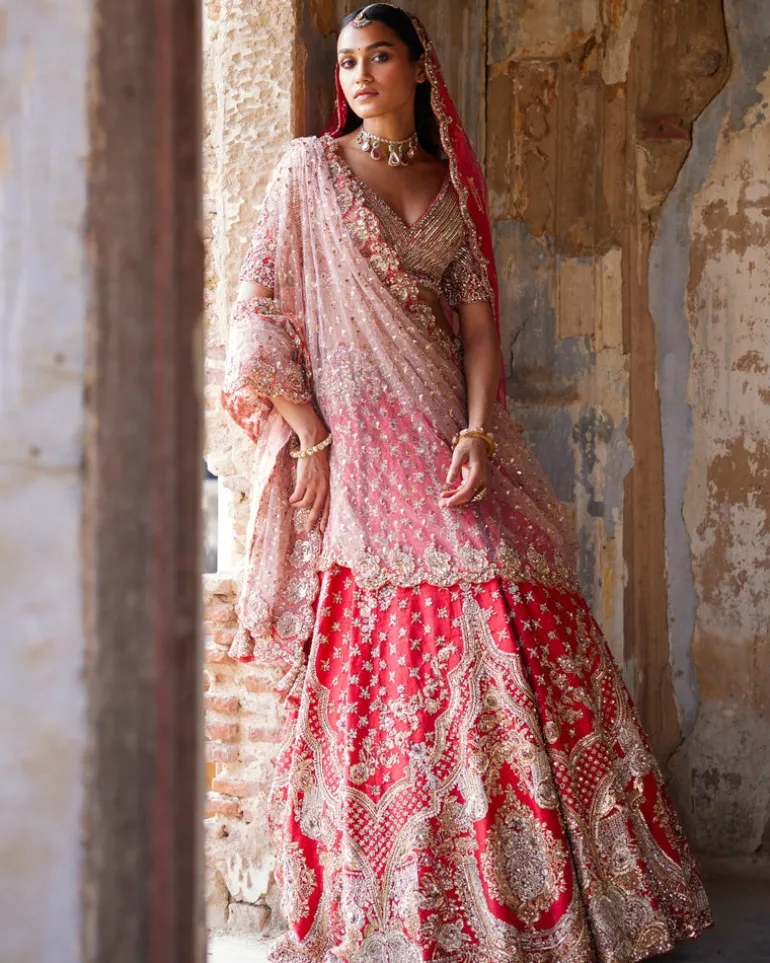 Eris Red Raw Silk Bridal Lehenga