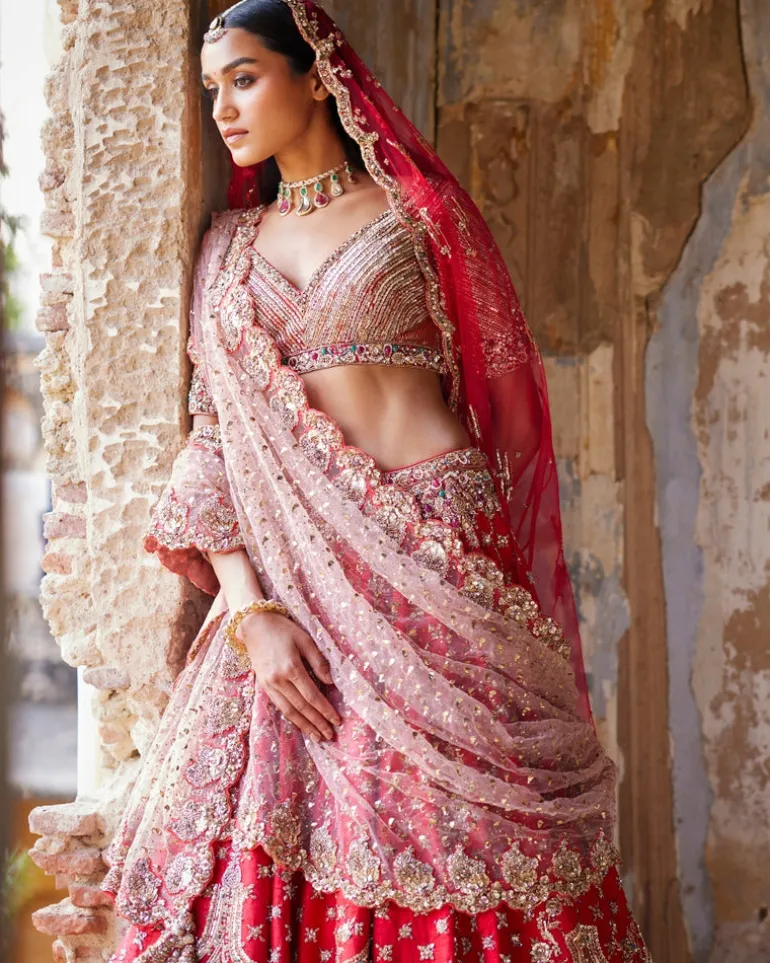 Eris Red Raw Silk Bridal Lehenga