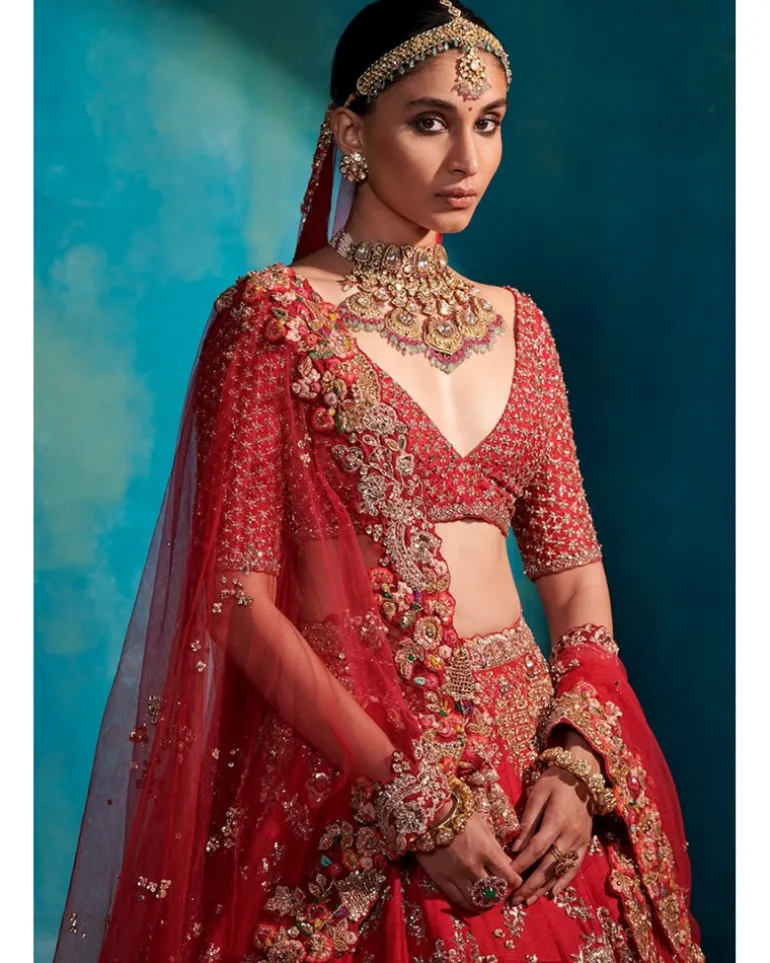 Etta Carmine Red Floral Garden Bridal Lehenga Set