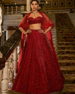 Falaknuma Red Crystal Lehenga Set