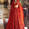 Falaknuma Red Three-dimensional Floral Lehenga Set