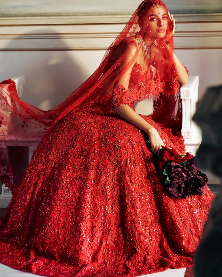 Falaknuma Red Three-dimensional Floral Lehenga Set