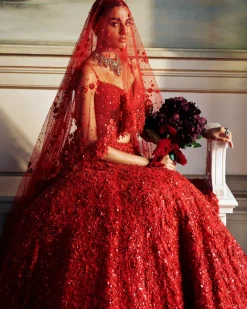 Falaknuma Red Three-dimensional Floral Lehenga Set