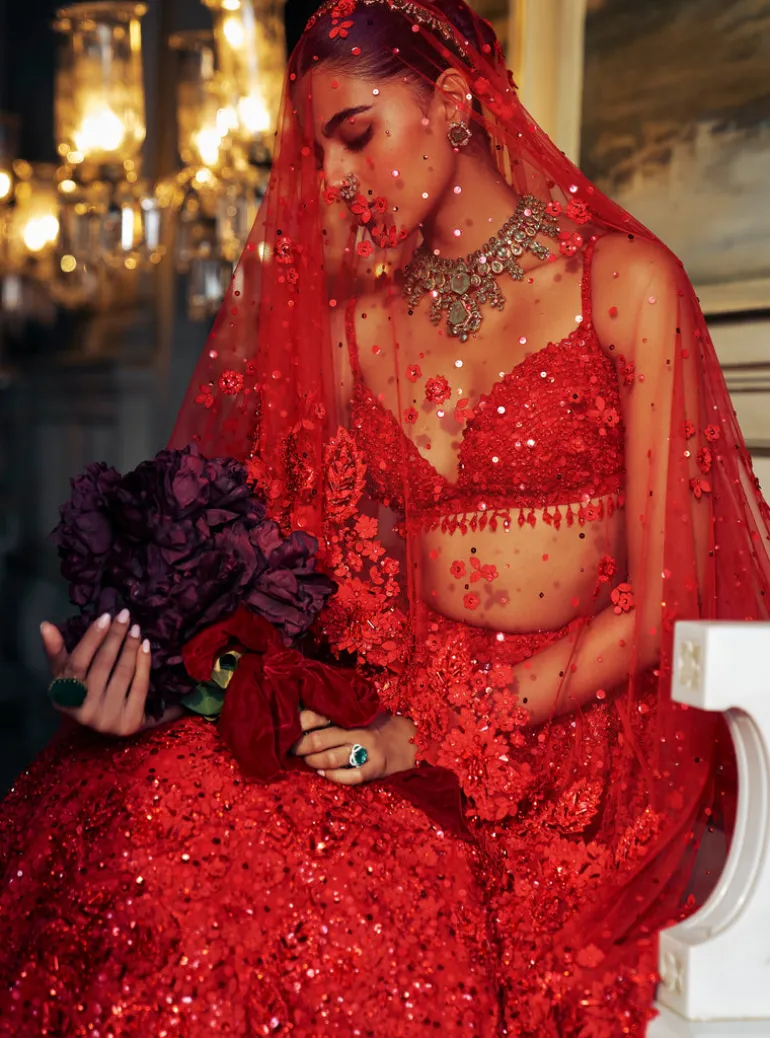 Falaknuma Red Three-dimensional Floral Lehenga Set