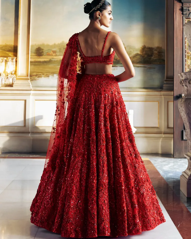 Falaknuma Red Three-dimensional Floral Lehenga Set