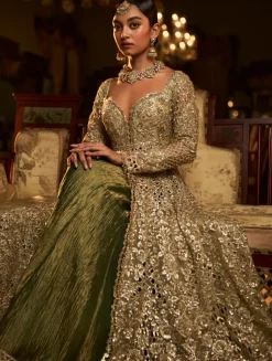 Falaknuma Sage Green Cut Work Jacket Sharara Set