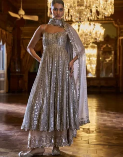 Falaknuma Silver Gold Tissue Anarkali Set