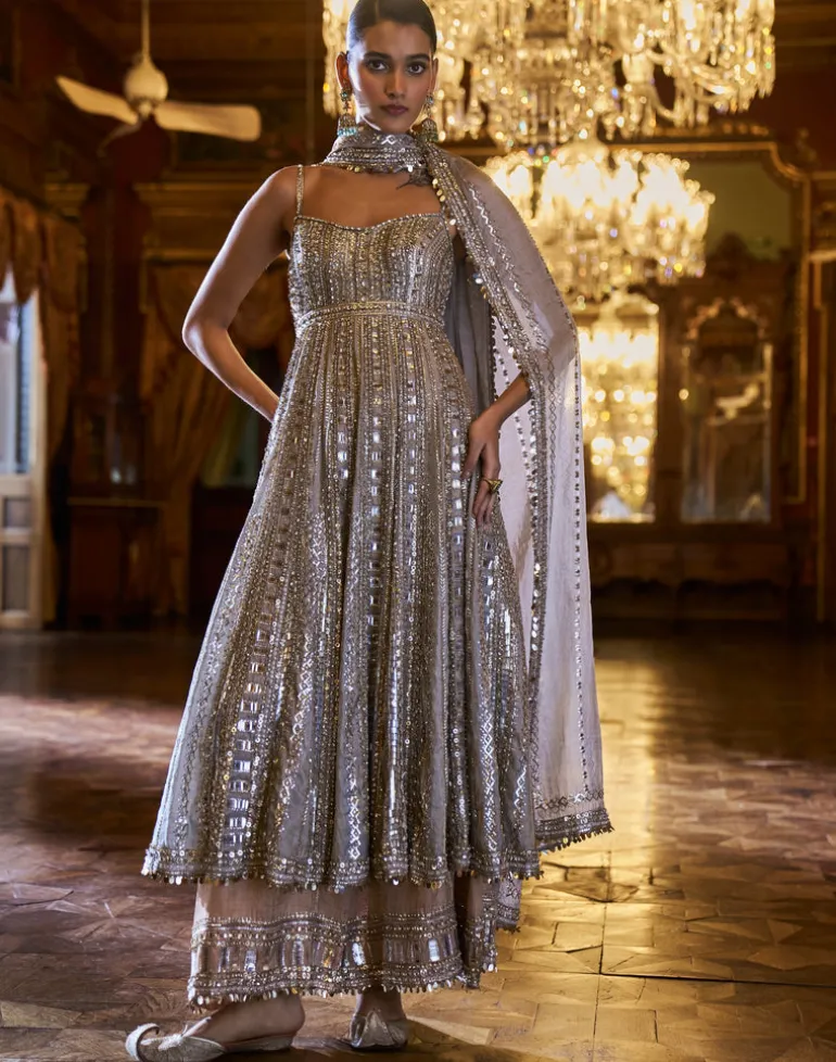 Falaknuma Silver Gold Tissue Anarkali Set