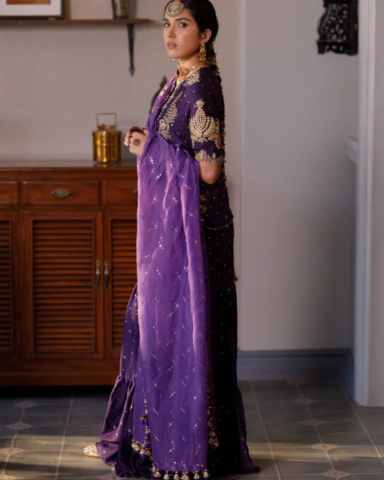 Fatima Purple Embroidered Kurta And Frill Sharara With Dupatta Set