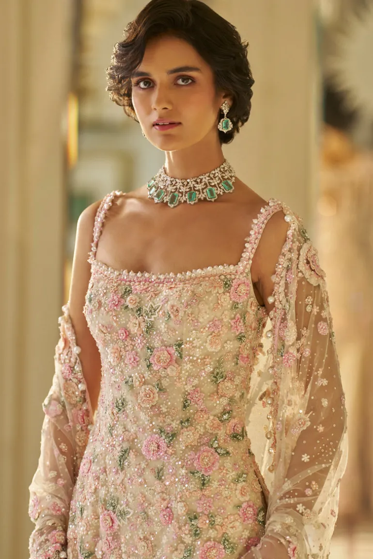 Fiori Nude Multi-Coloured Three-Dimensional Sharara Set