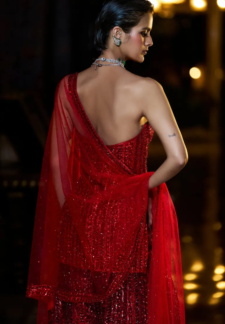 Fiori Off-Shoulder Red Sharara Set
