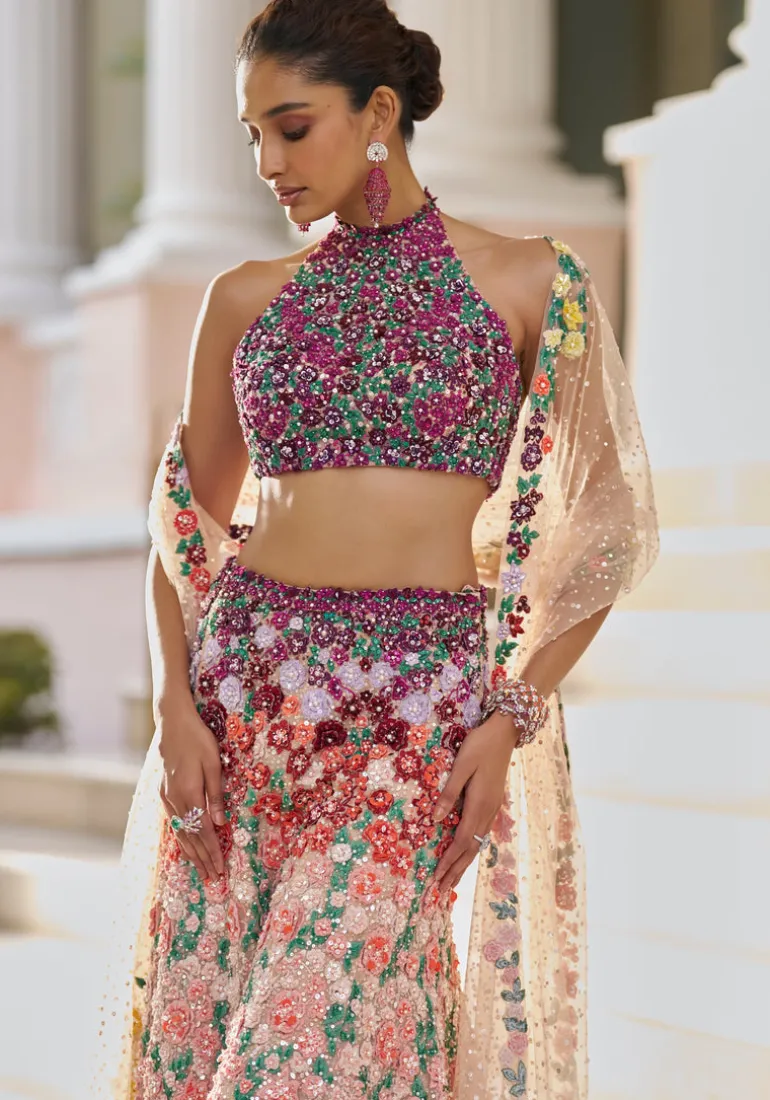 Fiori Ombre Multi-Coloured Three-Dimensional Floral Sharara Set