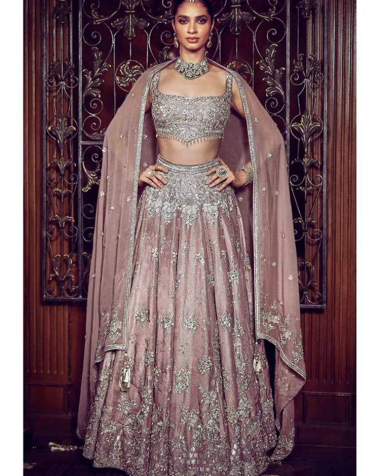 French Rose Aurum Tissue Lehenga Set