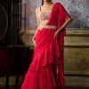 Fuchsia Embroidered Blouse And Ruffle Sari Set