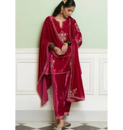 Fuchsia Embroidered Velvet Short Kalidar Kurta Set
