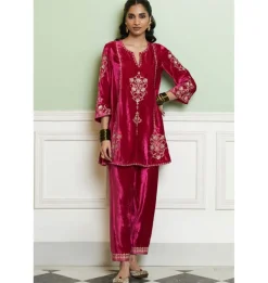 Fuchsia Embroidered Velvet Short Kalidar Kurta Set