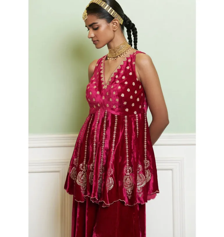 Fuchsia Embroidered Velvet Sharara Set