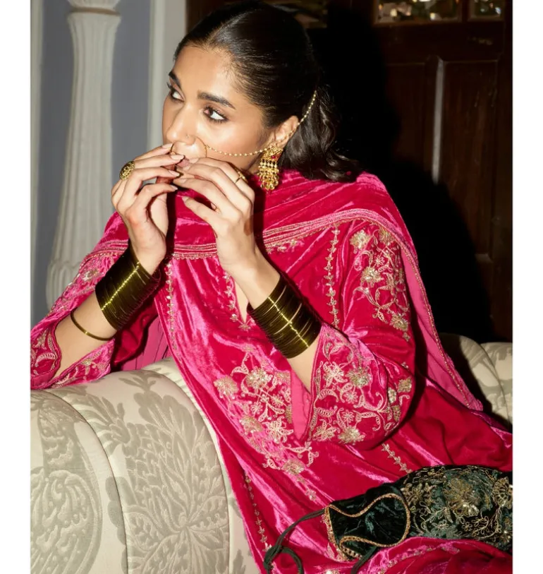 Fuchsia Embroidered Velvet Short Kalidar Kurta Set