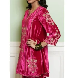Fuchsia Embroidered Velvet Short Kalidar Kurta Set