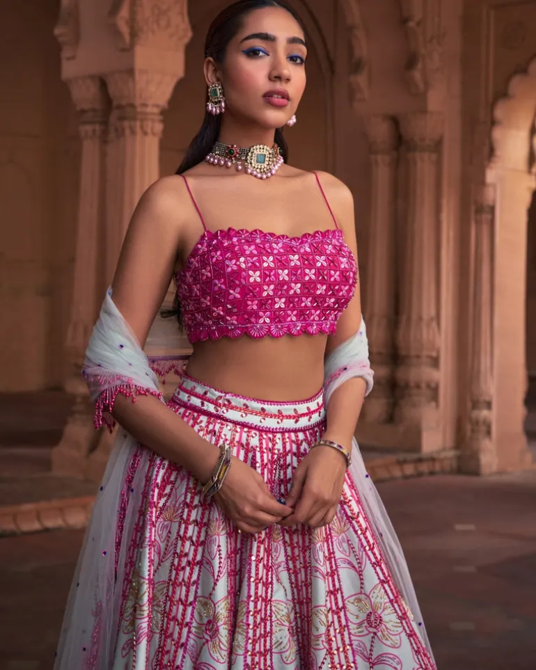 Fuchsia Floral Frame Print and Embroidered Lehenga Set