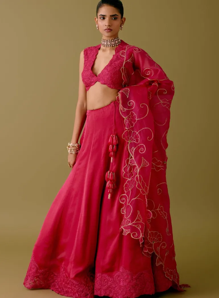 Fuchsia Pink Embroidered Silk Satin Lehenga