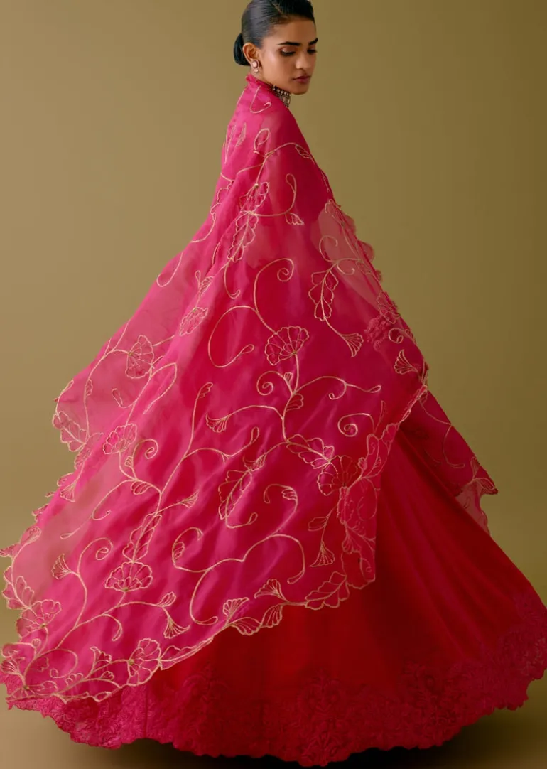 Fuchsia Pink Embroidered Silk Satin Lehenga